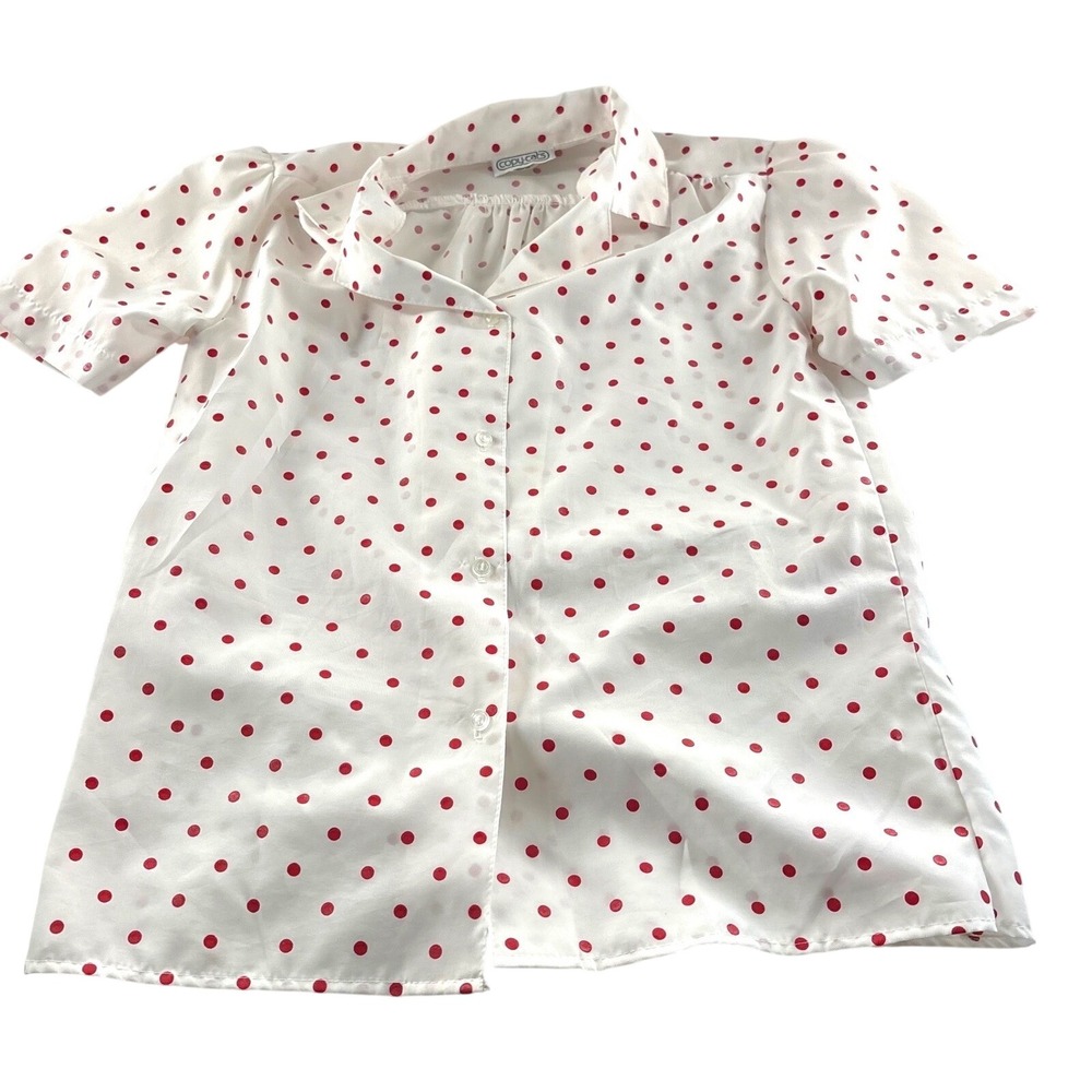Vintage Copy-Cats Red Polka Dot White‎ Short Sleeve Button Up Blouse Size 14 USA